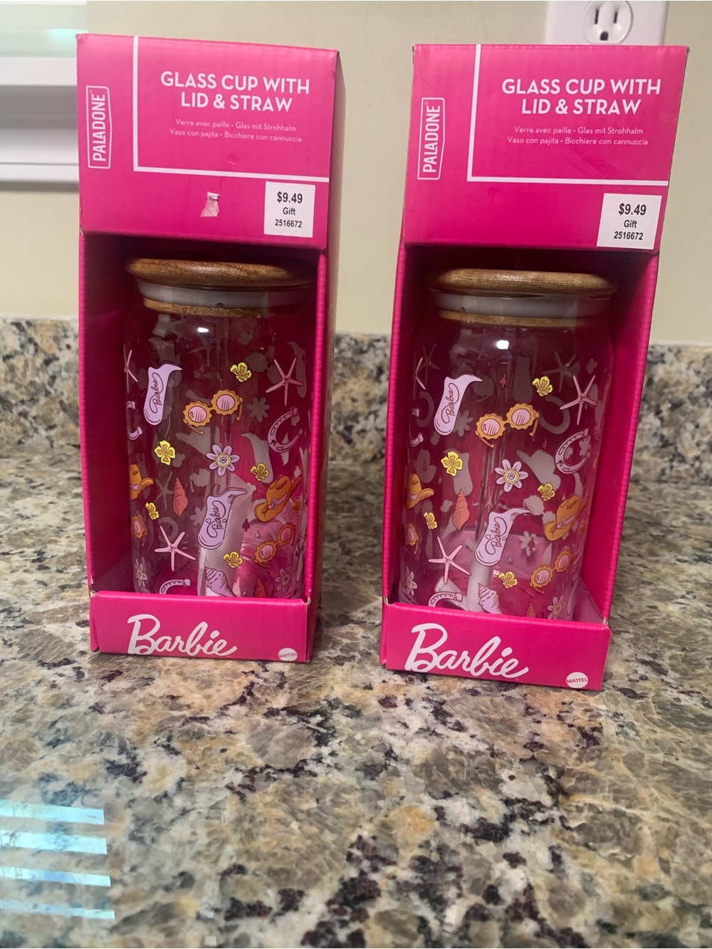 Barbie Pink Floral Glass Tumbler with Gold Accents and Lid